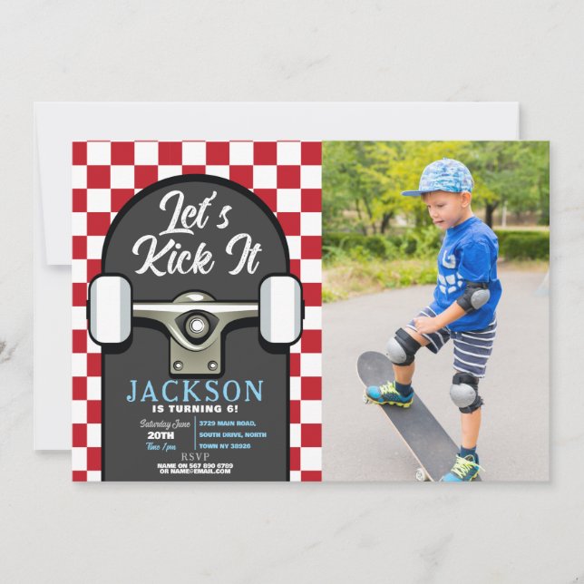 Let's Kick It Skateboard Birthday Boys Red Photo Invitation (Front)