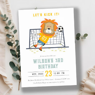 Lets Kick Lion Goalkeeper Soccer Kids Birthday Invitation