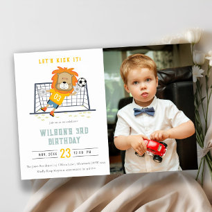 Lets Kick Lion Goalkeeper Soccer Photo Birthday Invitation