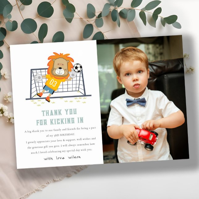 Lets Kick Lion Goalkeeper Soccer Photo Birthday Thank You Card (Creator Uploaded)