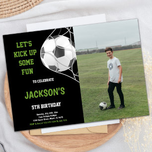 Let's kick up Black Photo Soccer Birthday Invitation