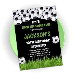 Let's Kick up Green Soccer Birthday Invitations