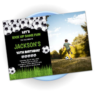Let's Kick up Green Soccer Birthday With Photo Invitation