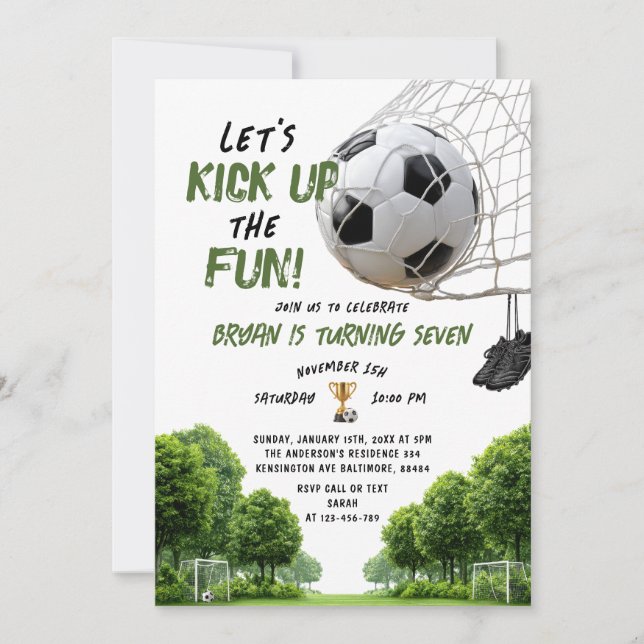 Let's Kick Up the Fun Boy Kids Soccer Birthday Invitation (Front)