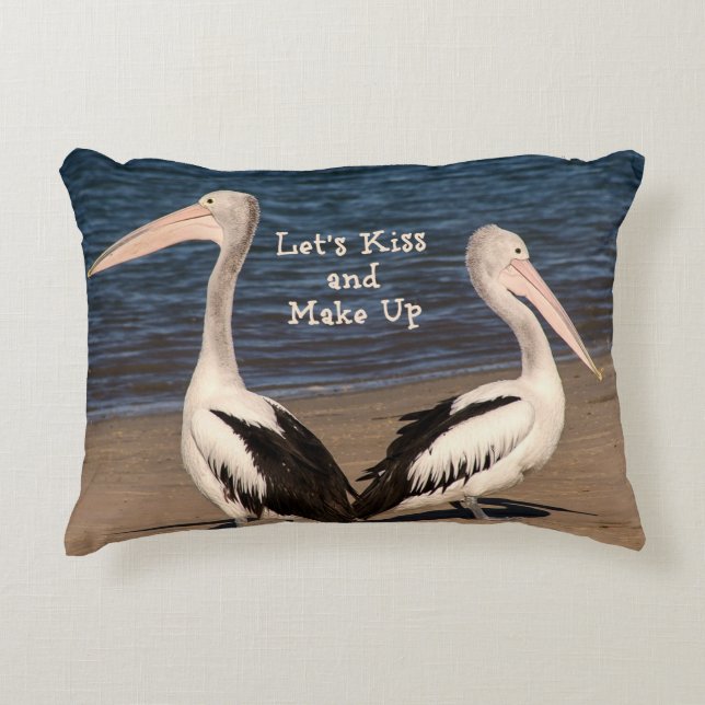 "Let's Kiss and Make Up" Pelicans on the Beach Decorative Cushion (Front)