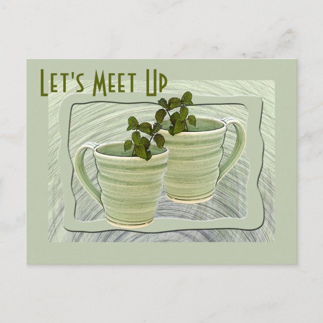 Let's Meet Up Green Mugs Mint Sprigs Photo Custom Postcard (Front)