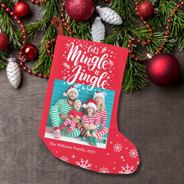 lets mingle and jingle,snowflakes family photo red small christmas stocking (Creator Uploaded)