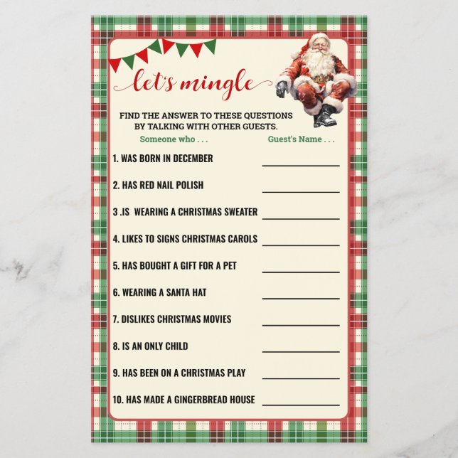 Let's Mingle Find Guest Christmas Plaid Game Card (Front)