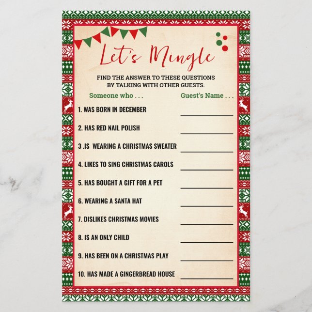 Let's Mingle Find Guest Ugly Sweater Game Card (Front)