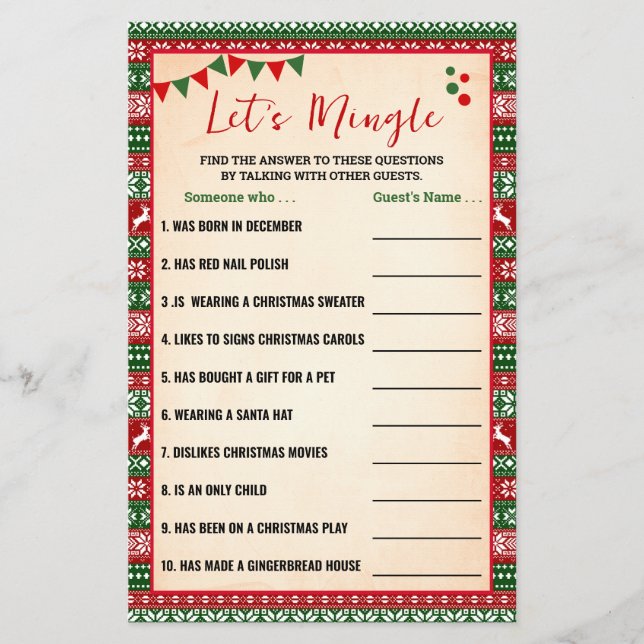 Let's Mingle Find Guest Ugly Sweater Game Card (Front)