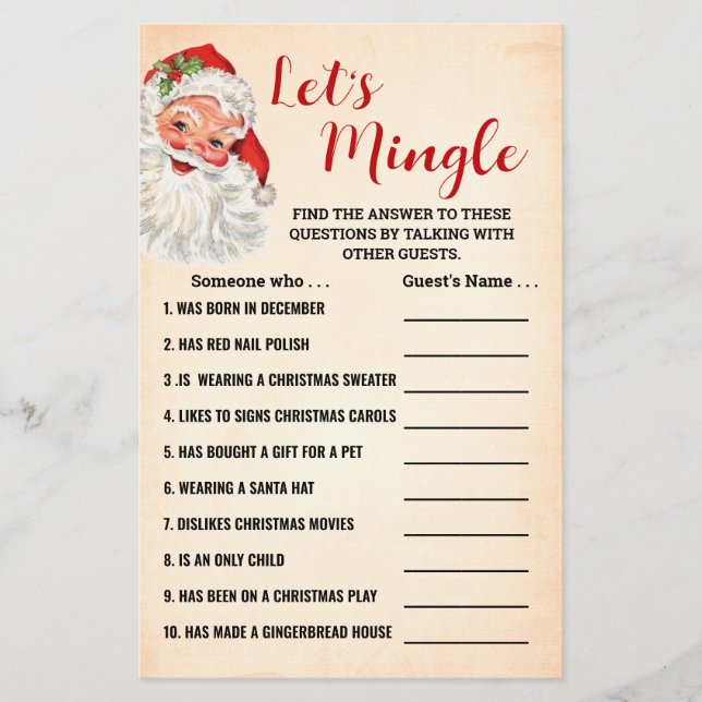 Lets Mingle Find the Guest Christmas Game Card (Front)