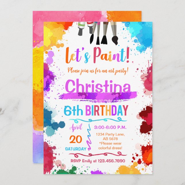 Let's Paint Art Birthday Party White Invitation (Front/Back)