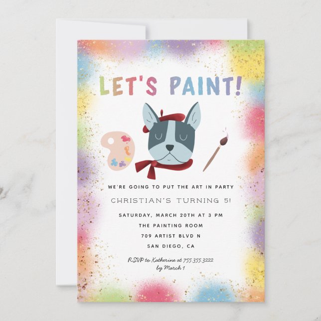 Lets Paint Painter Frenchie Dog Birthday Party Invitation (Front)