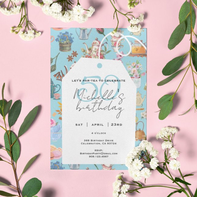Let's Par Tea 50th Birthday Spring Floral Blue Invitation (Creator Uploaded)