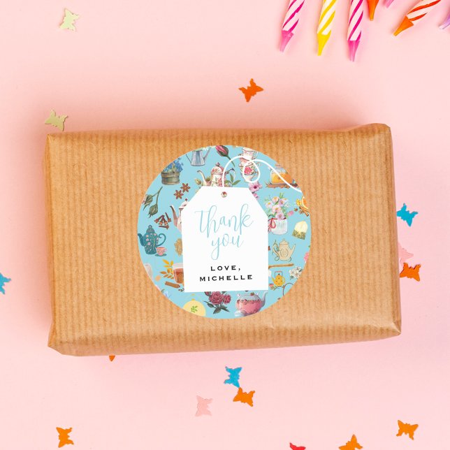 Let's Par Tea Blue Garden Floral Birthday Party Classic Round Sticker (Creator Uploaded)