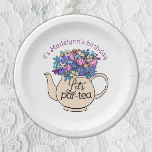 Let's Par-Tea Floral Teapot Girls Birthday Paper Plate
