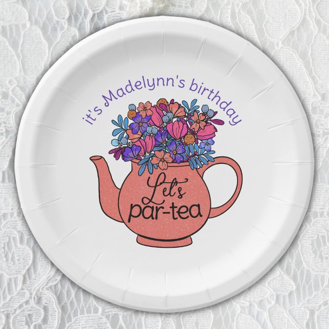 Let's Par-Tea Floral Teapot Girls Birthday Paper Plate (Creator Uploaded)