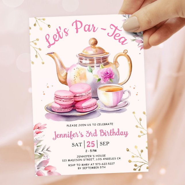 Let's Par-Tea! Girl Pink Tea Birthday Party Invitation (Creator Uploaded)