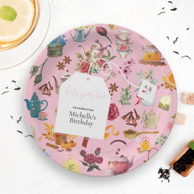 Let's Par Tea Pink Garden Floral Birthday Party Paper Plate (Creator Uploaded)