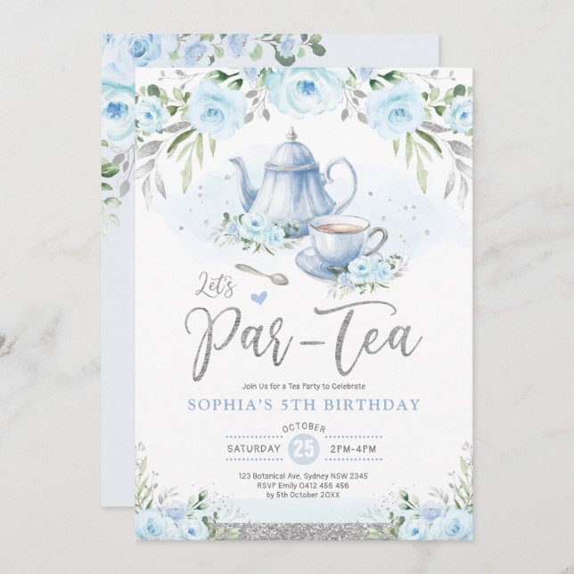 Let's Par-Tea Silver Baby Blue Birthday Tea Party Invitation (Front/Back)