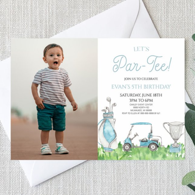 Let's Par-Tee! Blue Golf Picture Birthday Party Invitation (Creator Uploaded)