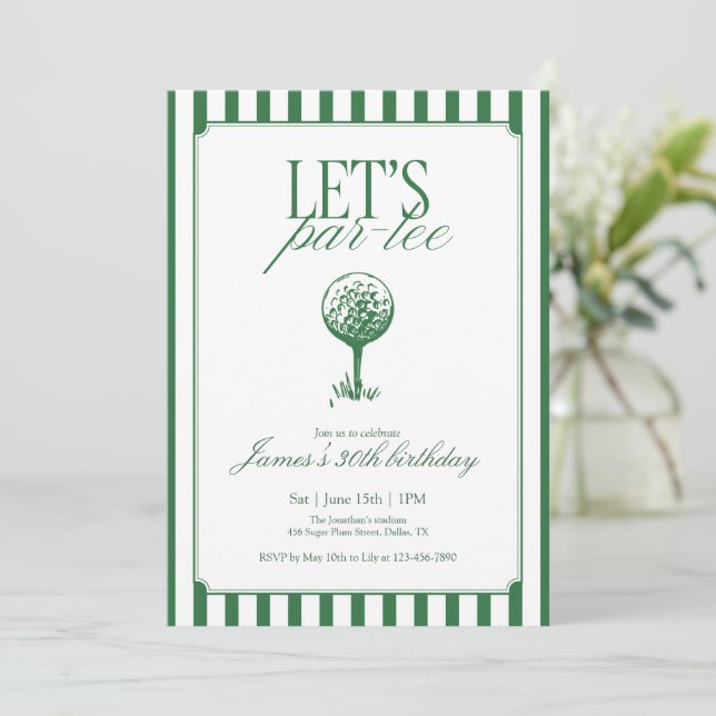 Lets Par Tee Golf Birthday Party Green Stripe Invitation (Standing Front)