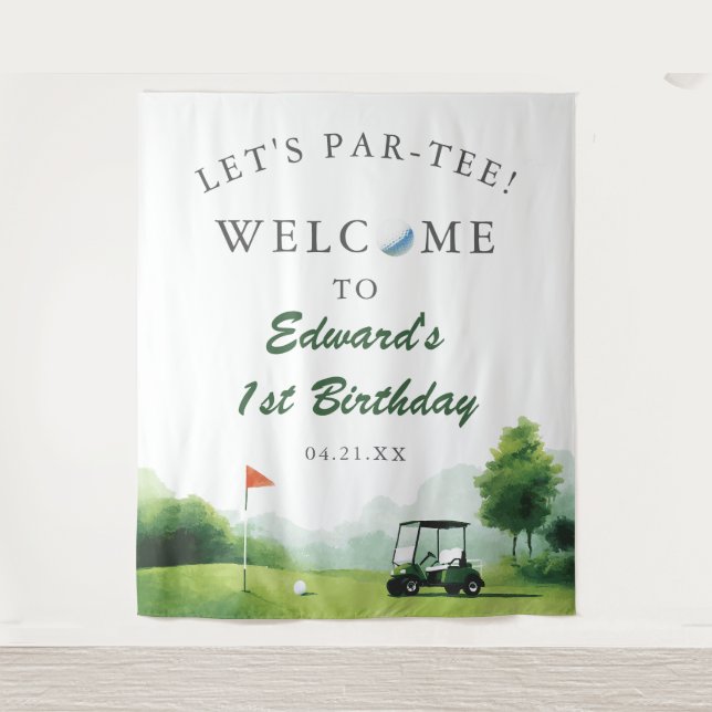 Let's Par-Tee Golf Buggy Birthday Photo Backdrop Tapestry (Front)