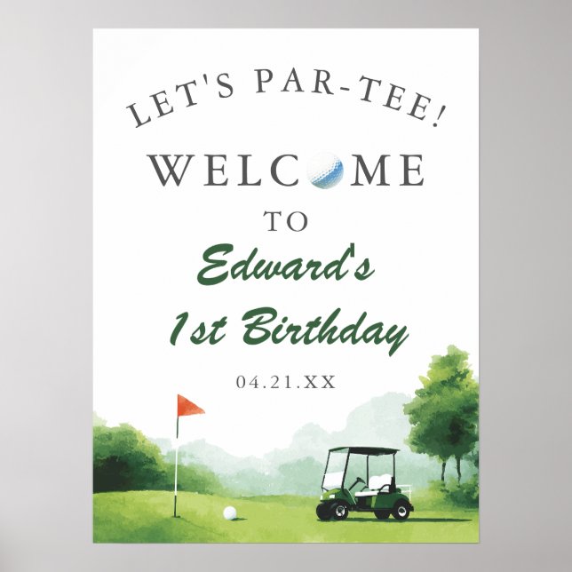 Let's Par-Tee Golf Buggy Birthday Welcome Sign (Front)