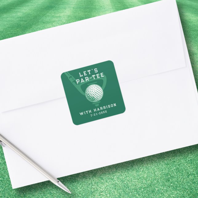 Let's Par-tee Golf Theme Birthday Green Square Sticker (Personalize with name & party date.)