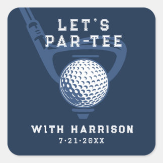 Let's Par-tee Golf Theme Birthday Navy Blue Square Sticker