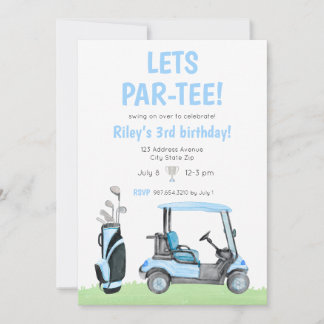 Lets Par-Tee Golf Themed Birthday Invitation Blue