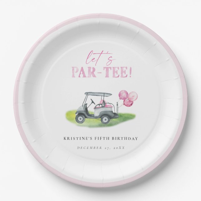 Let's Par-Tee Pink Golf Birthday Paper Plates (Front)