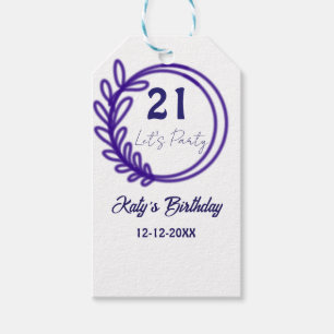 LETS PARTY 21ST birthday name PURPLE FLORAL CIRCLE Gift Tags