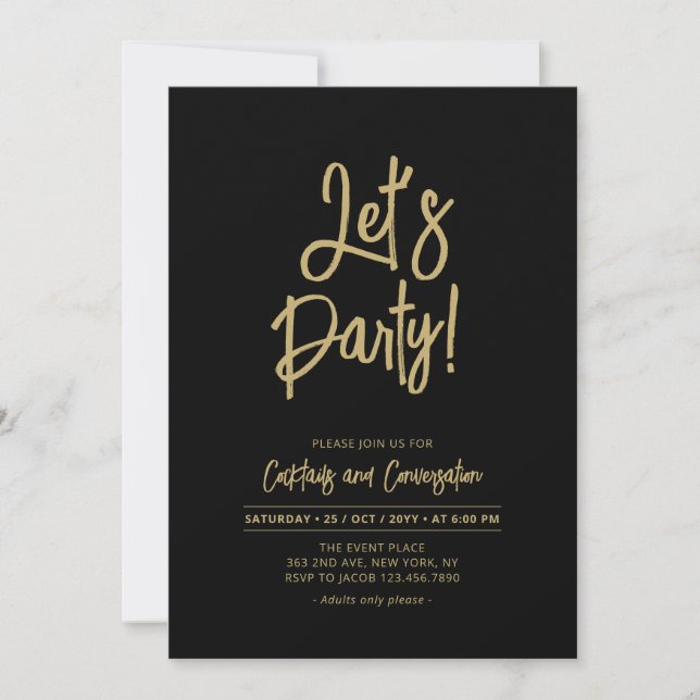 Let's Party | Black Chic Script Cacktail Party Invitation (Front)