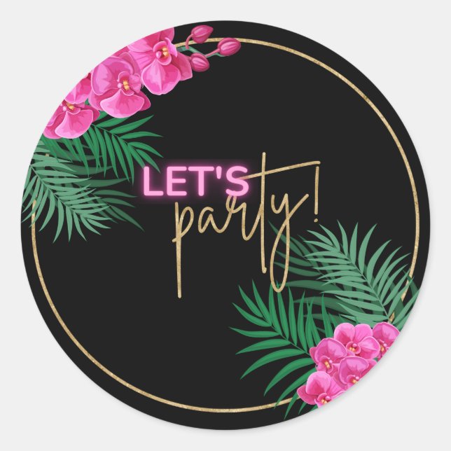 Let's Party Black Gold Neon Tropical 40th Birthday Classic Round Sticker (Front)
