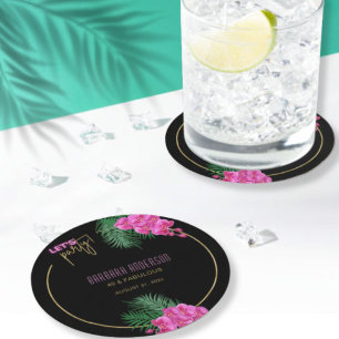 Let's Party Black Gold Neon Tropical 40th Birthday Round Paper Coaster