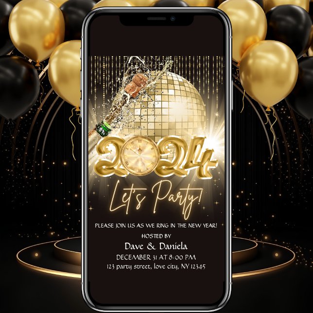 Lets Party Black Gold New Year Eve 2024 Invitation (Creator Uploaded)