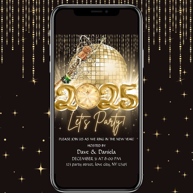 Lets Party Black Gold New Year Eve 2025 Invitation (Creator Uploaded)