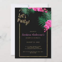 Let's Party Black Gold Tropical 40th Birthday Invitation