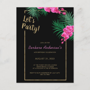 Let's Party Black Gold Tropical 40th Birthday Invitation Postcard