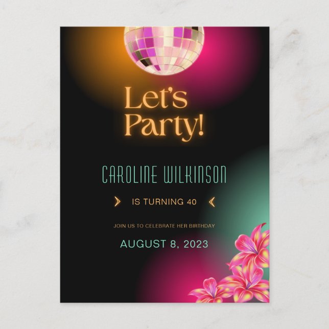 Let's Party Black Orange Neon 40th Birthday Postcard (Front)