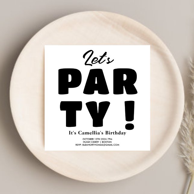 Let's Party ! Black & White Striped Bold Script  Invitation (Creator Uploaded)