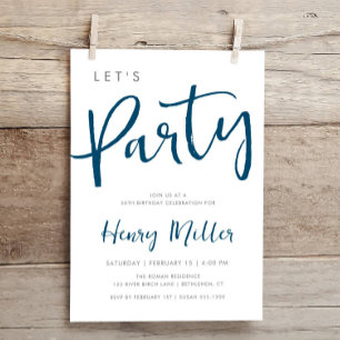 Let's Party Blue and Grey Minimalist Birthday Invitation