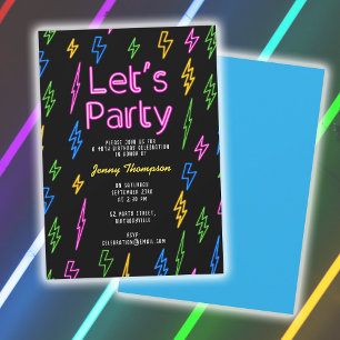 Let's Party Colourful 80's Retro Neon Birthday Invitation