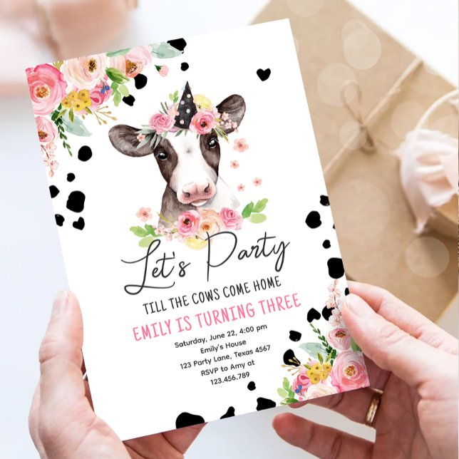 Let's Party Cow Floral Girl Farm Animals Birthday Invitation (Creator Uploaded)
