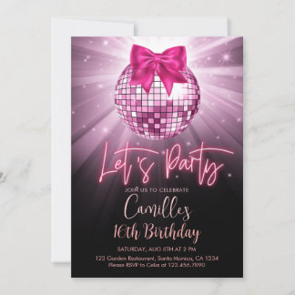 Let's party Disco Ball | pink bow Birthday  Invitation