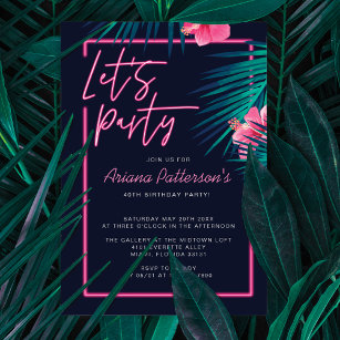 Let's Party Electric Neon Pink Tropical Birthday Invitation