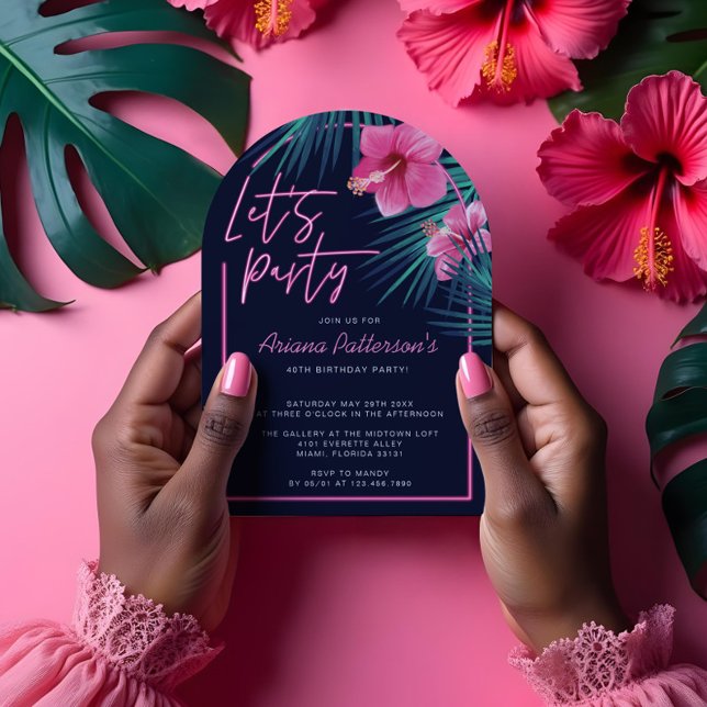 Let's Party Electric Neon Pink Tropical Birthday Invitation (Let's Party Electric Neon Pink Tropical Birthday Invitation)