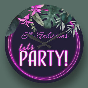 Let's Party Electric Pink Neon Tropical Birthday Large Clock