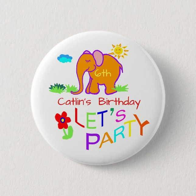 Let's Party Elephant Colourful Name & Age Birthday 6 Cm Round Badge (Front)